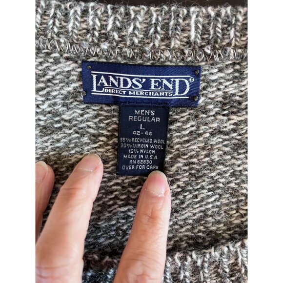 Lands' End Mens Large Crew Neck Green White Long Sleeve Knitted Sweater - Picture 3 of 4
